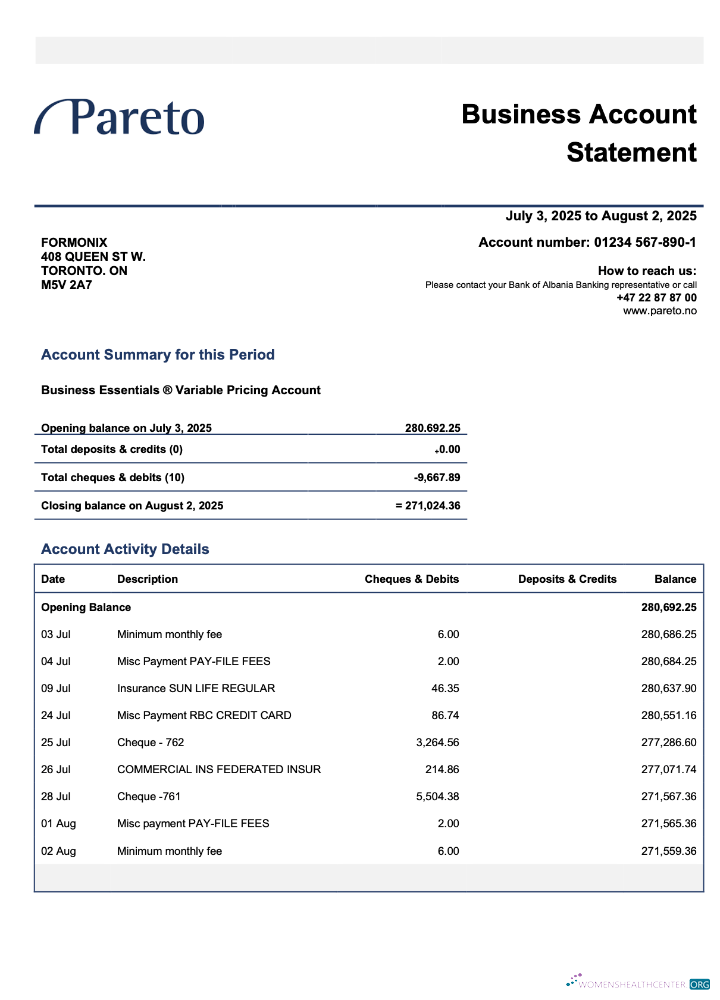 Download Norway Pareto business checking account statement Word and PDF template Photoshop template